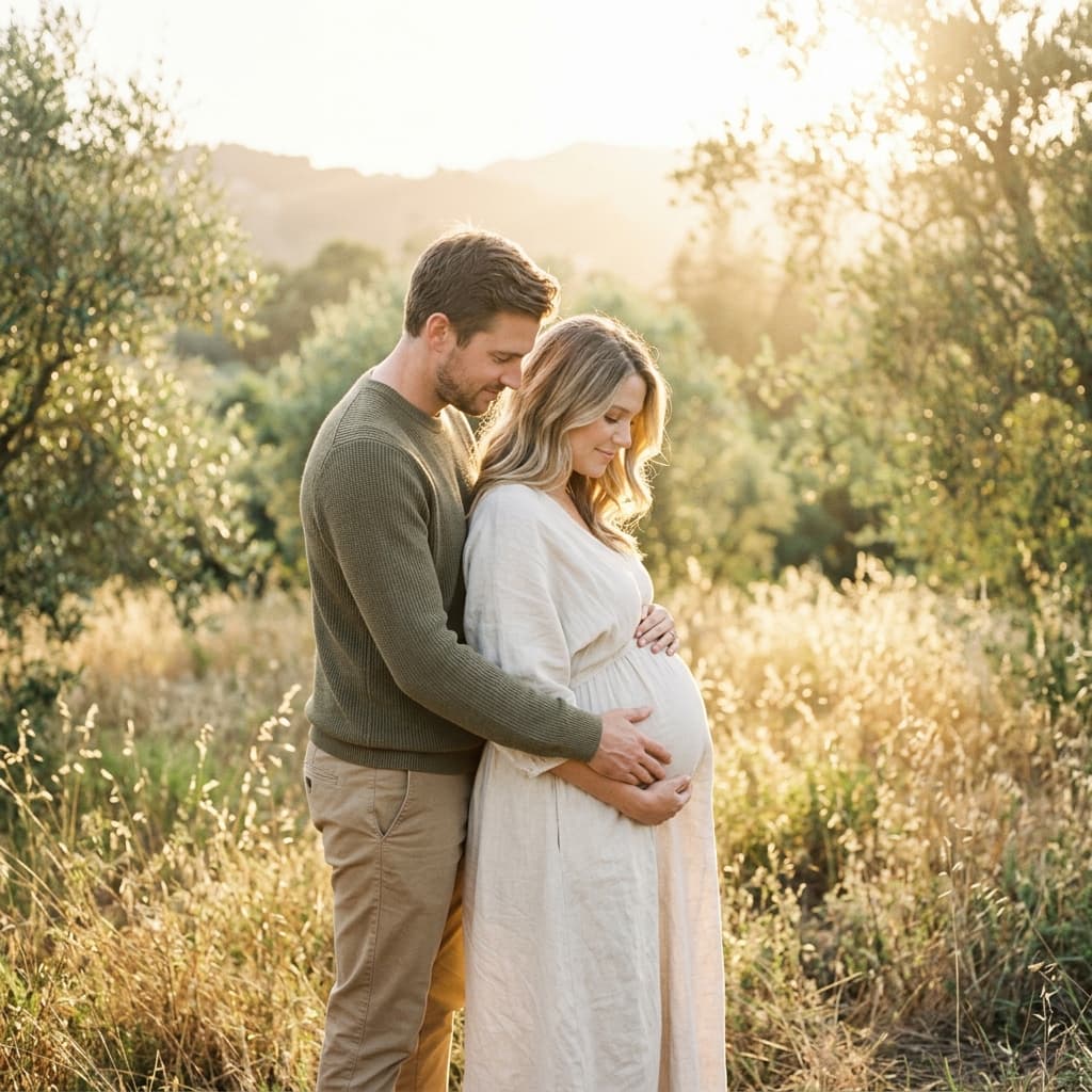 Couple embracing during golden hour maternity session
